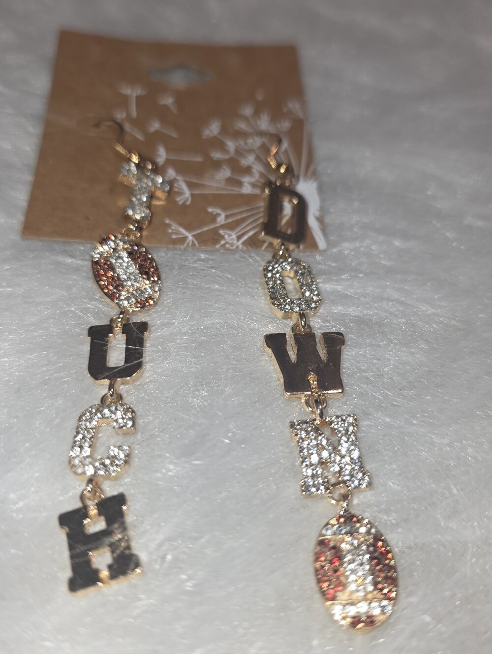 Gold-Tone 'TOUCH DOWN' Letter Drop Earrings Clear And Colored Crystals